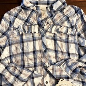 Knox Rose Blue Plaid Ruffle Top: Medium